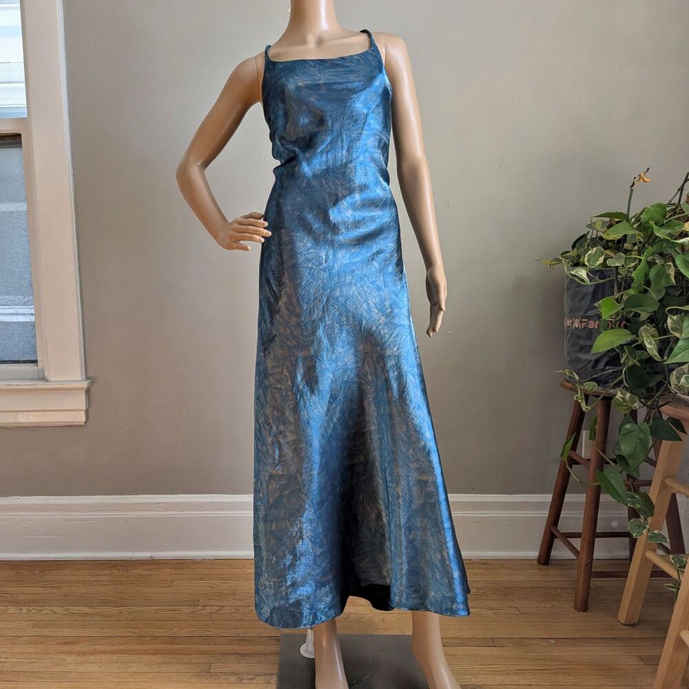 Vintage 90s Rue de la Paix Blue Prom Gown Slip Dress Maxi Strappy Size 9 - Picture 2 of 10
